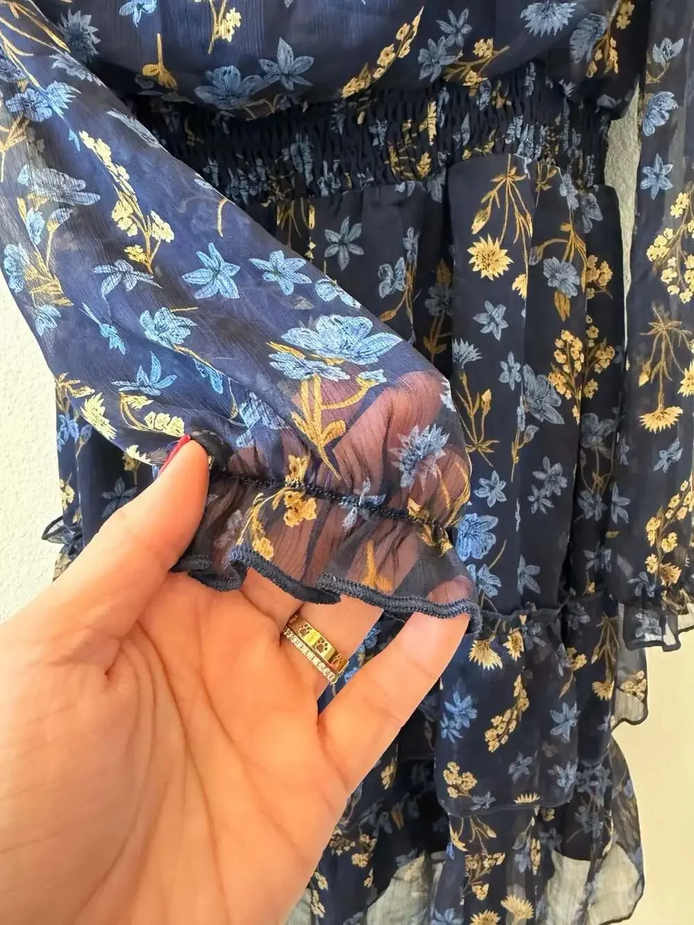 Allegra K Smocked Waist Sheer Sleeve Ruffle Layered Floral Chiffon Mini Dress
